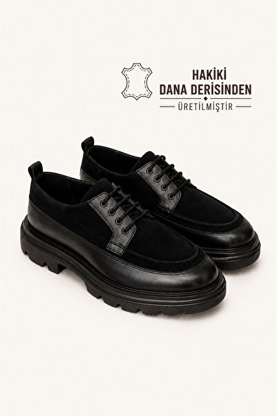 VARNAS Men's Black Genuine Leather and Suede Lace-Up Thick Sole Casual Shoes ...