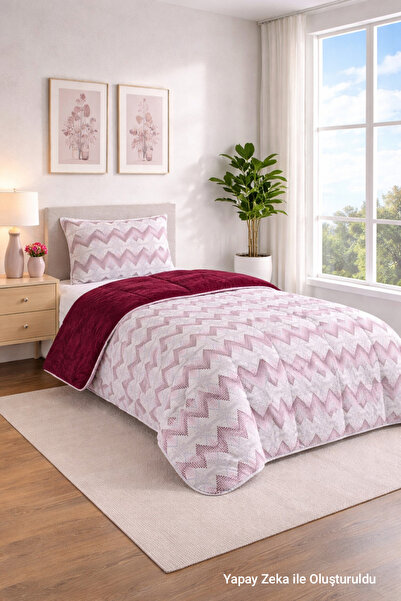 HOMENUP Wellsoft Tek Kişilik Yorgan Seti Desenli 155x215 Bordo