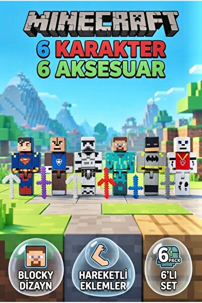 Tıfıl Toys Superman ve Blok Dünyası Minecraft 6'lı Figür Oyun Seti - 6 Karakt...
