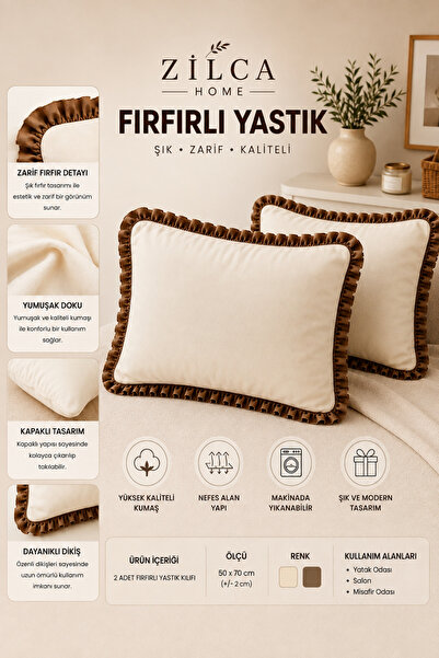 ZİLCA HOME Bej Fırfırlı Yastık Kılıfı 2’li Set 50x70 cm – Kapaklı, Fermuarsız...