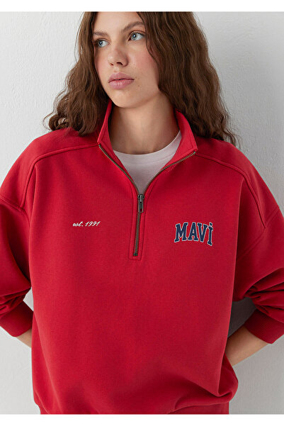 Mavi Logo Yarı Fermuarlı Kırmızı Sweatshirt 1S10373-88631
