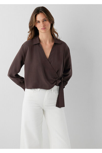 Mavi (Tencel TM) Lyocell Çapraz Bağlamalı Kahverengi Bluz 1211581-70236