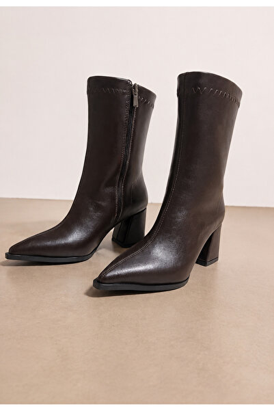 MİLOS Footwear Women's Brown Pointed Toe Mid-Heel Boots