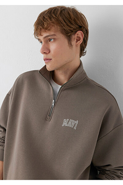 Mavi Logo Baskılı Yarı Fermuarlı Kahverengi Sweatshirt 0S10208-87875