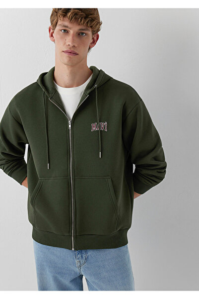 Mavi Logo Baskılı Kapüşonlu Fermuarlı Yeşil Sweatshirt 0611715-71584
