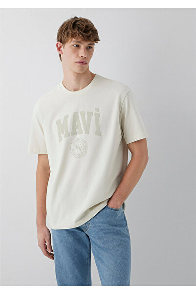 Mavi Logo Baskılı Bej Tişört Loose Fit / Bol Rahat Kesim 0612897-70134
