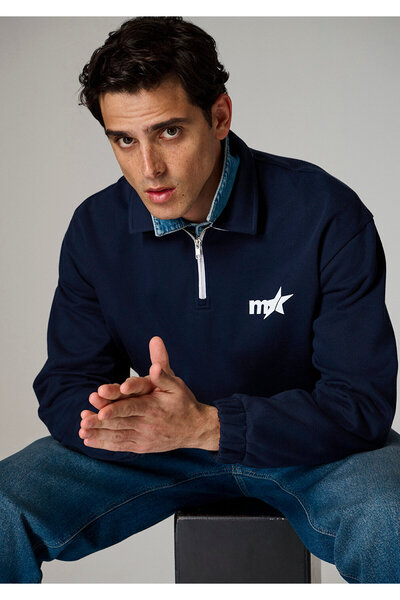 Mavi Baskılı Lacivert Polo Sweatshirt