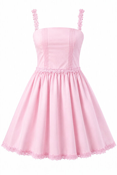 FEG STORE Premium Pink Floral Lace A-Line Mini Dress with Adjustable Waist St...