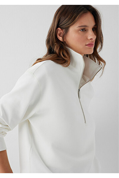 Mavi Yarı Fermuarlı Beyaz İnterlok Sweatshirt 1S10572-83043