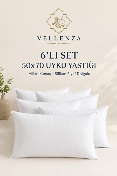 Vellenza 6’lı 50x70 Uyku Yastığı – Mikro Kumaş, Saf Silikon Elyaf Dolgulu, Yu...