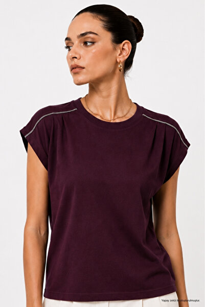 WILD BEE Women's Plum Accessory Detailed Cotton Modal Crew Neck Short Sleeve ...