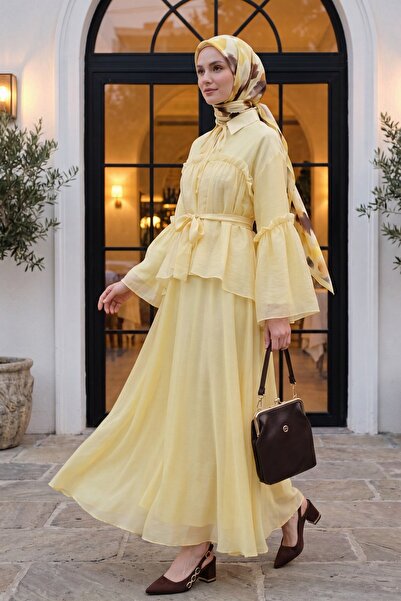 Modamorfo Tulle Voile Dress with Tie Collar, Ruffle Detail, Lining, and Belt ...