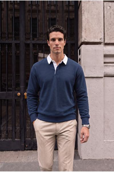 Valiberta Luis Polo Yaka Selanik Örme Kumaş Erkek Sweatshirt - İndigo