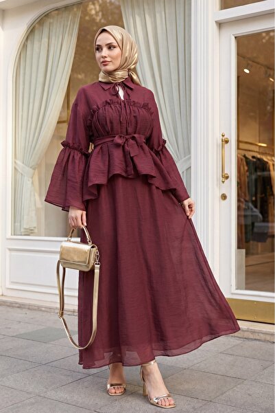 Modamorfo Collared, Ruffle Detailed, Lined, Belted Tulle Voile Dress - Burgundy