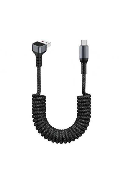 Choice5 1.5m Black 90 Degree Coiled USB-A to USB C Cable Stretchable Braided ...