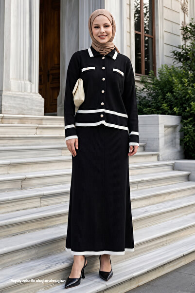 InStyle Black Knitwear Set with Skirt and Stripe Cardigan
