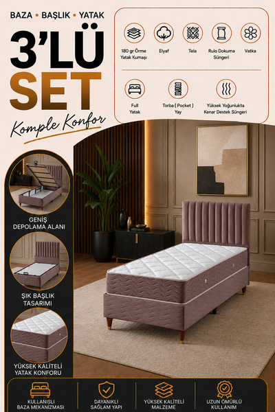 beehanem Ezgi Geniş Yatak 120x200 Kahverengi 1 Kişilik Baza + Başlık + Yatak ...
