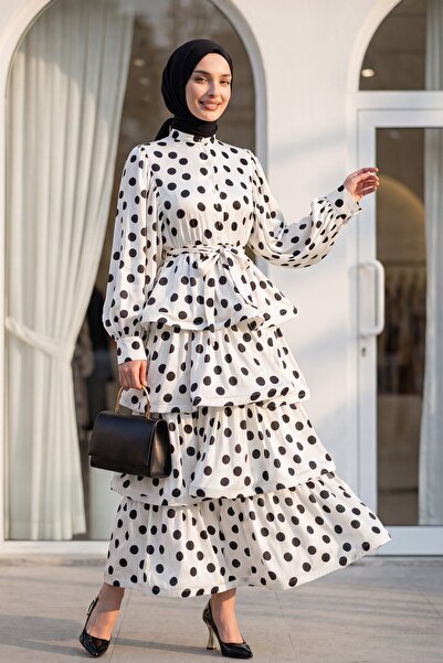 Modamorfo Polka Dot Layered Buttoned Belted Bat Sleeve Satin Dress -White