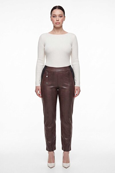 EXİTLİNE Women's Brown Seasonal Faux Leather High Waist Trousers with Stone D...