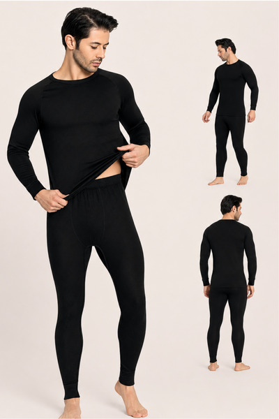 Cotpark Men's Cotton Thermal Underwear Set Black Long Sleeve Top and Bottom 2...