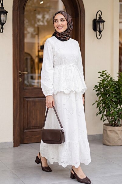 Modamorfo Elastic Sleeves, Belted, Scalloped Lined Linen Look Suit -White