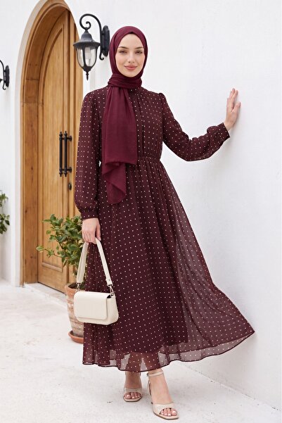 Modamorfo Lined, Elastic Waist, Polka Dot Patterned Long Chiffon Dress - Burg...