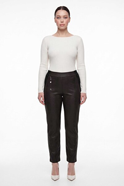 EXİTLİNE Women's Black Seasonal Faux Leather Trousers with Elastic Waist and ...