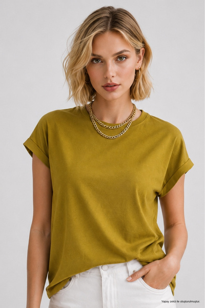 WILD BEE Tricou de damă din bumbac muștar, cu mâneci rulate și decolteu rotund