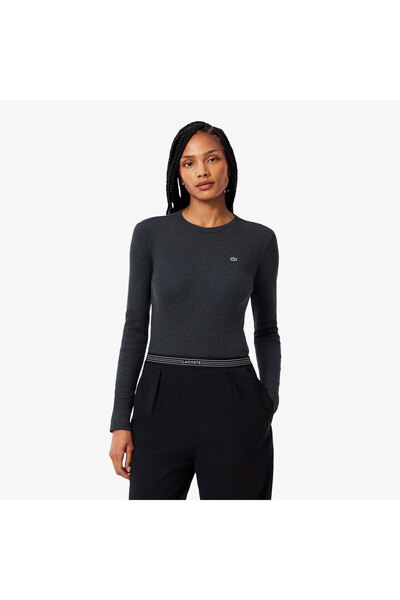 Lacoste Kadın Slim Fit Uzun Kollu Bisiklet Yaka Gri T-Shirt