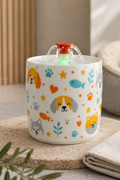 Pawicci Kedi Köpek Porselen Su Pınari Otomatik Filtreli Pompa Seramik 1,3 L LED Işıklı USB Adaptörlü Su Sebili