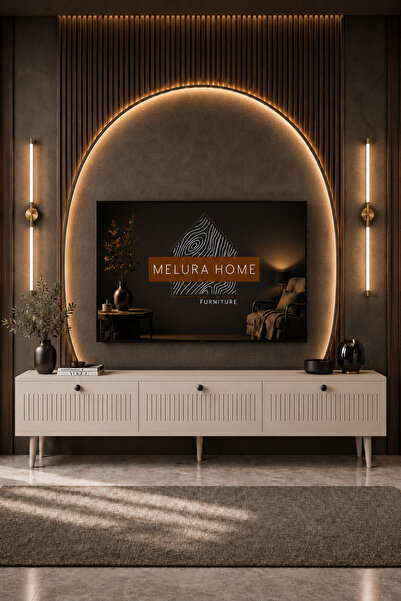 melura home Melura TV Ünitesi 200 cm Kumtaşı %100 MDF 3 Kapaklı Doğal Ahşap A...