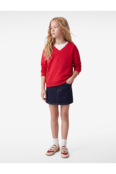 Koton Layered V-Neck Long Sleeve Cotton Embroidered Sweatshirt