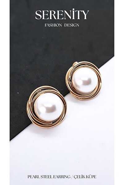 Serenity Pearl Detail Hoop Figured Steel Earrings