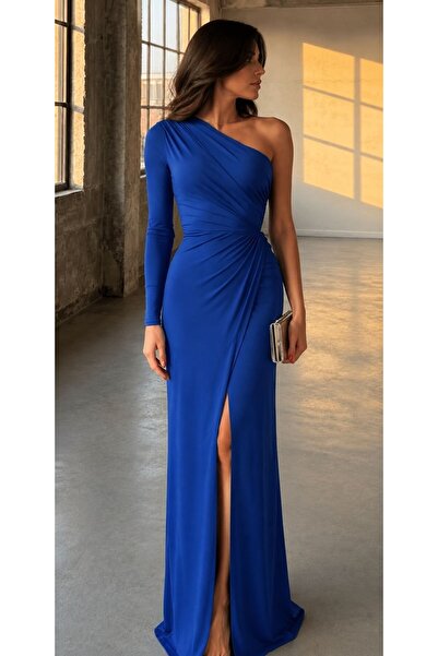Modafeminen One Shoulder Low-Cut Long Evening Dress 582749 Cobalt