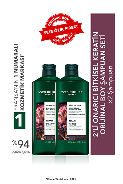 Yves Rocher 2'li Onarıcı Bitkisel Keratin Orijinal Boy Şampuan Seti-2x Şampua...