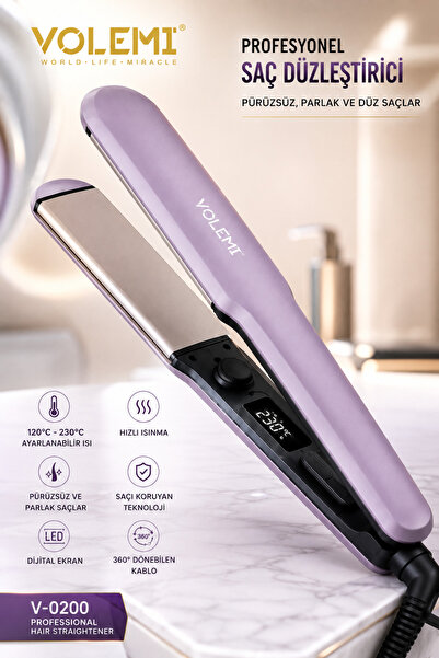 VOLEMİ 0200 Profesyonel Saç Düzleştirici – Keratin Yağlı Seramik Plakalı, Dij...