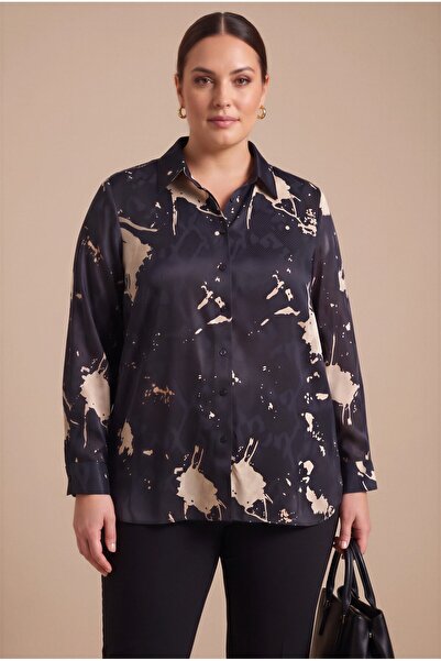 RMG Abstract Patterned Women's Plus Size Long Sleeve Shirt Black