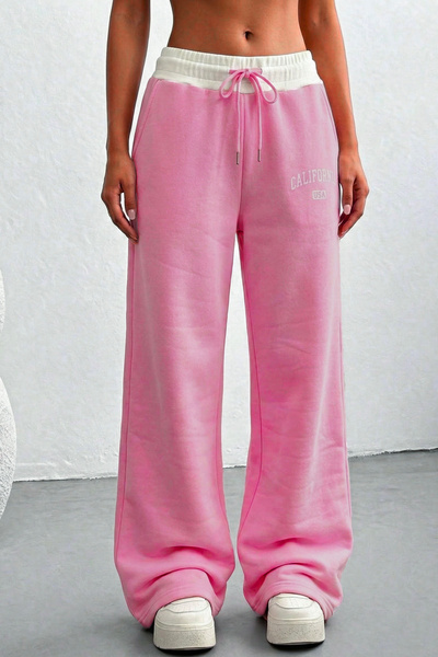 Mood Lab Pink Ribbed Knit Waist Detailed Lace up College Printed Pocket Wide ...