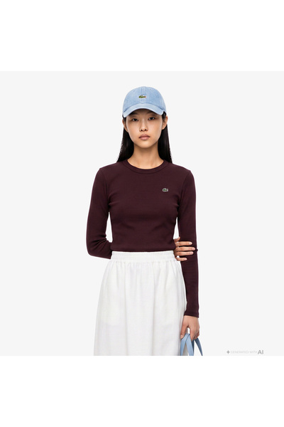Lacoste Kadın Slim Fit Uzun Kollu Bisiklet Yaka Bordo T-Shirt