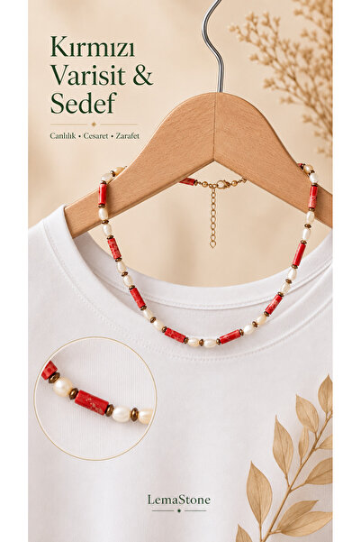 LemaStone Natural Stone Design Necklace; Red Variscite & Drop Mother-Of-Pearl...