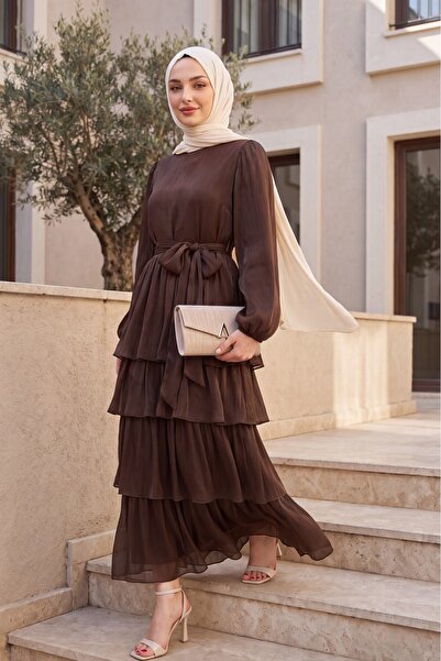 Modamorfo Elastic Sleeves, Tie-Waist Skirt, Layered Janjan Chiffon Dress -Brown