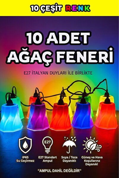 HANLIOĞLU PLASTİK 10 Adet Renkli Ağaç Feneri Seti - Duy ve Kablo Dahil Pratik...