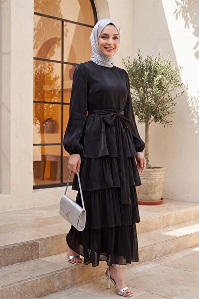 Modamorfo Elastic Sleeves, Tie-Waist Skirt, Layered Janjan Chiffon Dress - Black