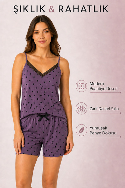 Bravie Milan Fabric Black Polka Dot Patterned Summer Pajama Set with Lace Col...