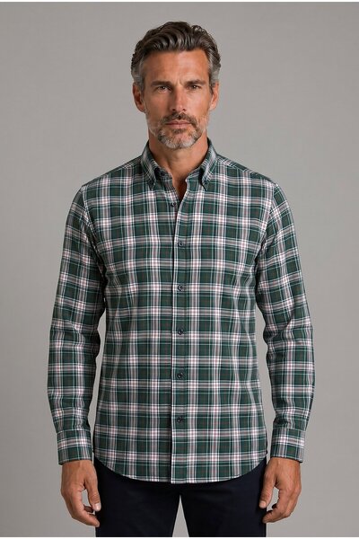 Bisse Yeşil Modern Fit Pamuk Düğmeli İtalyan Yaka Ekose Gömlek