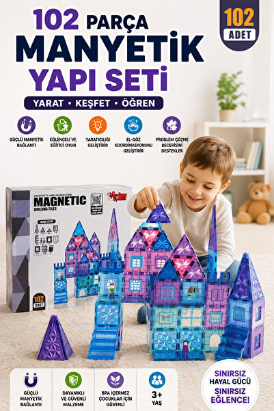 Onetick Manyetik Yapı Blokları 102 Parça Eğitici Renkli 3 Boyutlu 7,5 Cm Oyun...