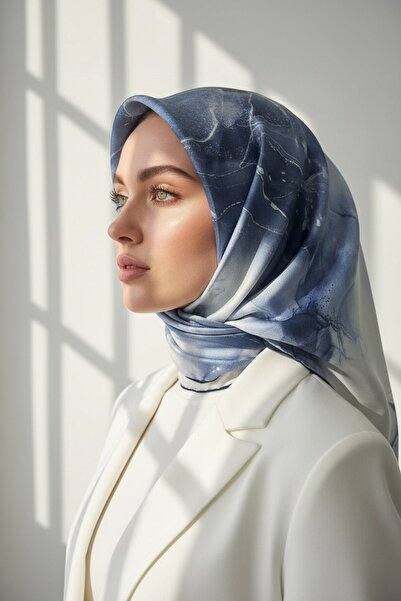 Vissona %100 Twill İpek Eşarp 90x90 Mermer Desenli El Dikişli Kadın Eşarp