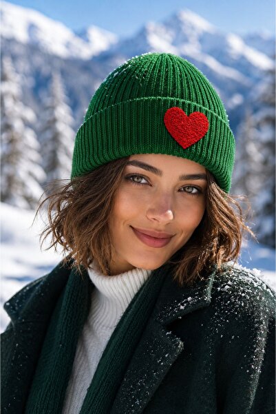 byebruketenci Green Beret Red Heart Punch Pattern Luxury Wool Hat Christmas Gift