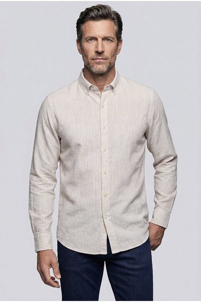 Bisse Navy Blue Regular Fit Linen Pocketless Long Pasha Collar Shirt