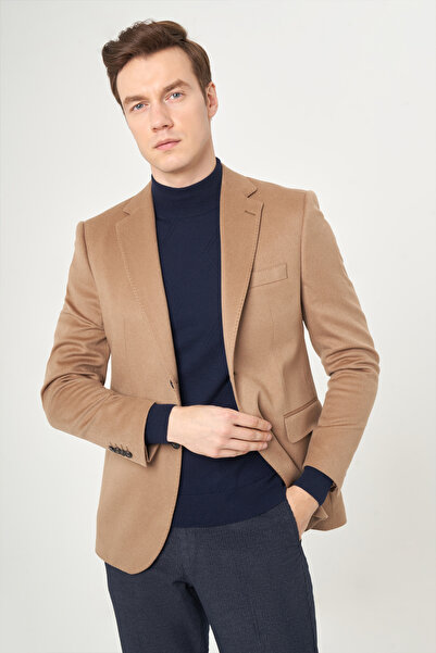 Bisse Camel Modern Fit Kaşmir Düğmeli Mono Yaka Çift Yırtmaçlı Ceket